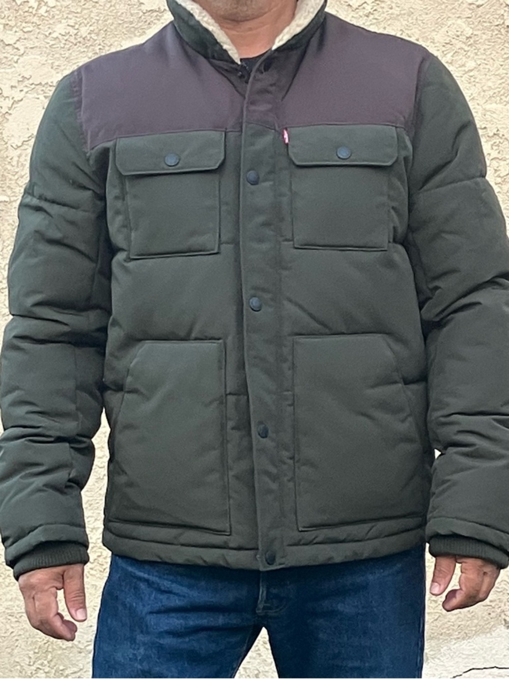 Levi's Dark Olive Green Puffer Jacket with Dark Brown Yoke